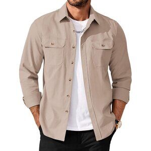 Men’s Casual Shirt Jacket, Long Sleeve Button-Up Shacket with Flap Pockets Khaki